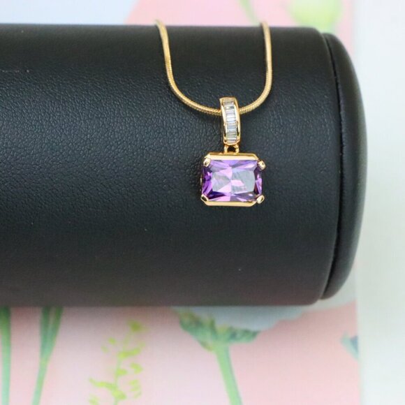 "Elegant Purple Emerald Cut Pendant with Gold Plated Baguette Bail, XPPT1779 - Picture 4 of 13